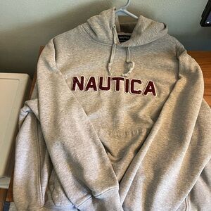 Nautica Heather Gray Hoodie with Burgundy Lettering